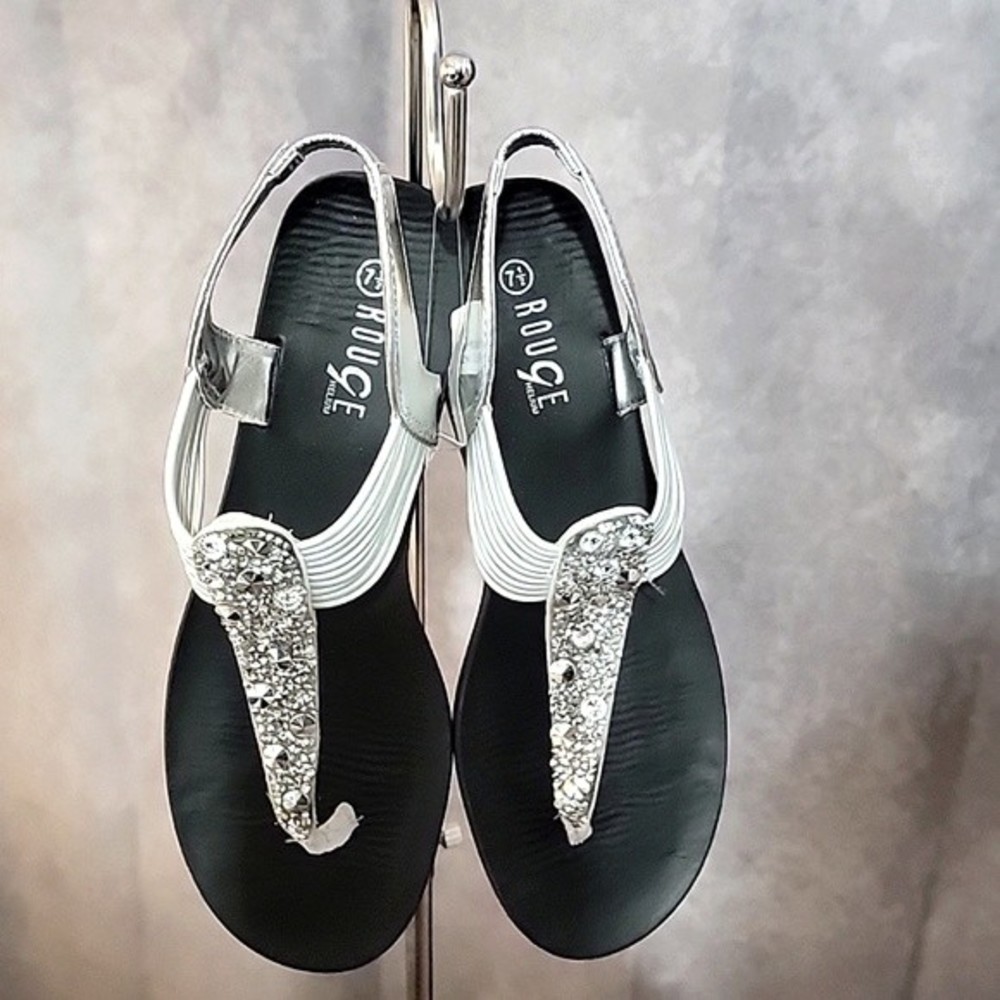 NWT Women's White T-Strap Rhinestone Embellished Sandal - 7 1/2